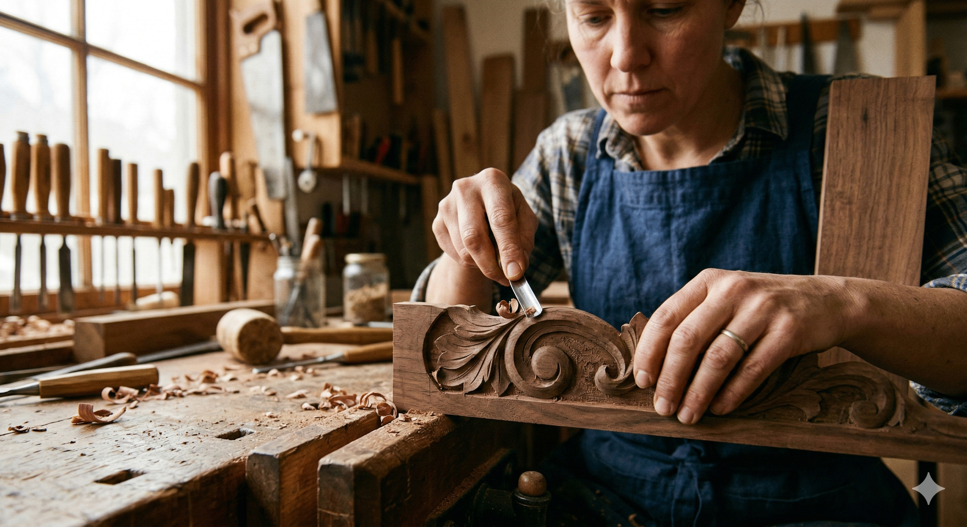 Craftsman carving wood by hand representing precision and craft in brand voice