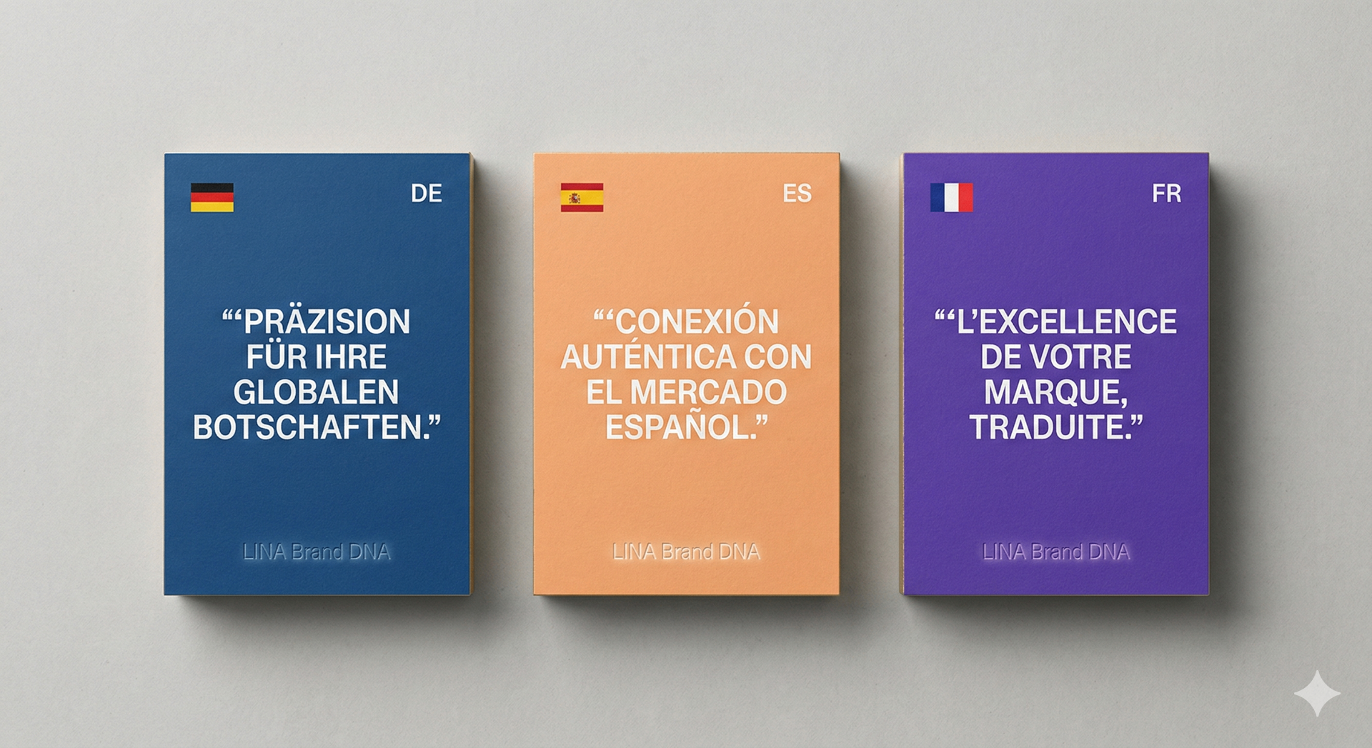 Books with translated covers in German, Spanish, and French showing brand tone variation
