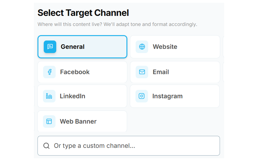 LINA channel selector showing social, web, email, and LinkedIn options for tone adaptation